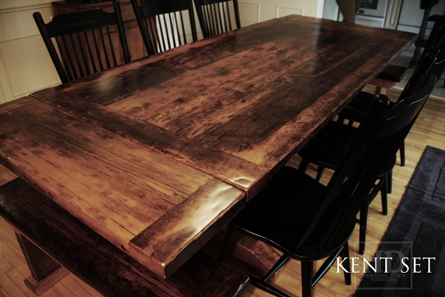 7 ft Trestle Table - 42" wide - Premium epoxy/matte polyurethane finish - Reclaimed Threshing Floor 2" Hemlock Top with two 12" leaf extensions [making total length 9 ft when extended] -  Two [matching] 42" benches  8 Black Buckhorn chairs finish in black with polyurethane clearcoat finish