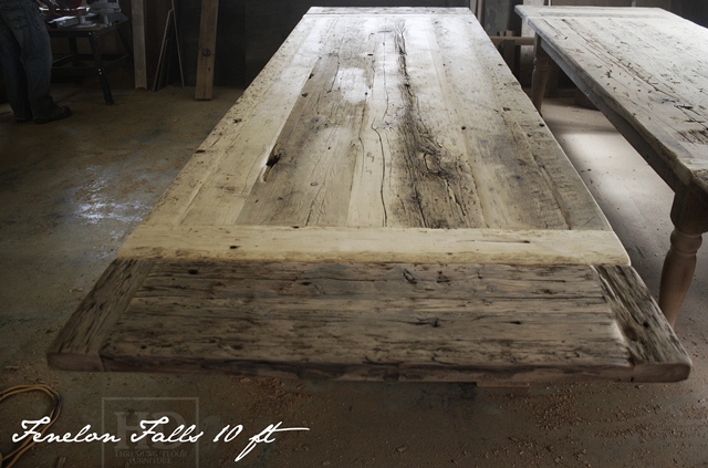 BEFORE FINISHING: 10 ft Barnwood Trestle Table - 44" wide - Premium epoxy/ matte polyurethane finish - Reclaimed Threshing Floor Board Hemlock - two 12" leaves [making total length 12 ft when extended]