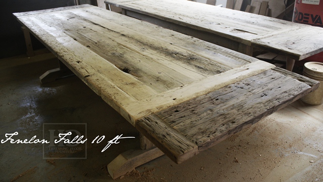 BEFORE FINISHING: 10 ft Barnwood Trestle Table - 44" wide - Premium epoxy/ matte polyurethane finish - Reclaimed Threshing Floor Board Hemlock - two 12" leaves [making total length 12 ft when extended]