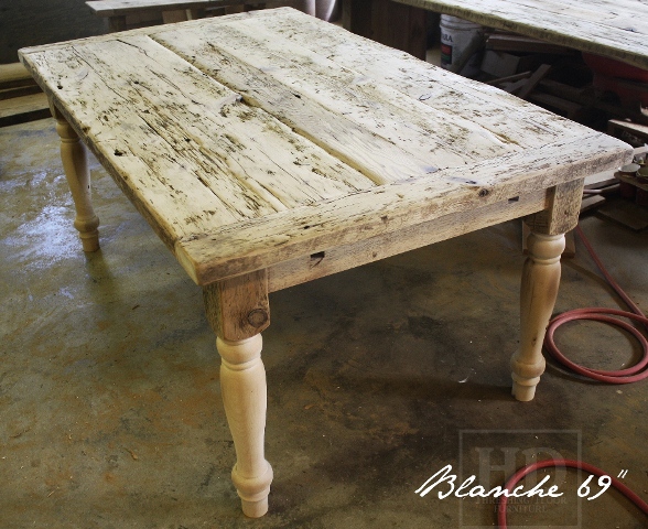 69" Harvest Table - 42" wide - Unfinished - Reclaimed 2" threshing floor board top - two 18" leaves [making total length 8 3/4 ft when extended]