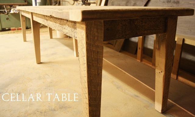 11' 1.5" Long Harvest Table - 30.5" wide - Tapered Legs - 6 legs - Reclaimed Threshing Floor Board construction (Hemlock)