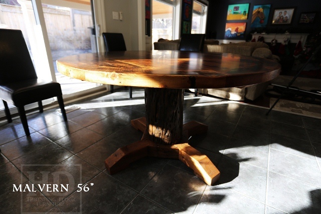56" Round Pedestal Table - Reclaimed Cedar Hydro Pole Base - 2" threshing floor Hemlock top - Premium epoxy/matte polyurethane finish