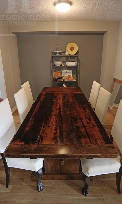 72" Oakville Trestle Table - Reclaimed Threshing Floor Hemlock - Premium epoxy/matte polyurethane finish - One 18" leaf extension