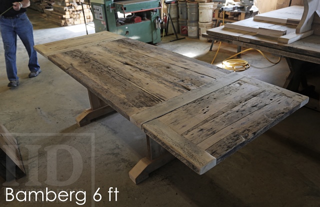 72" Oakville Trestle Table - Reclaimed Threshing Floor Hemlock - Premium epoxy/matte polyurethane finish - One 18" leaf extension