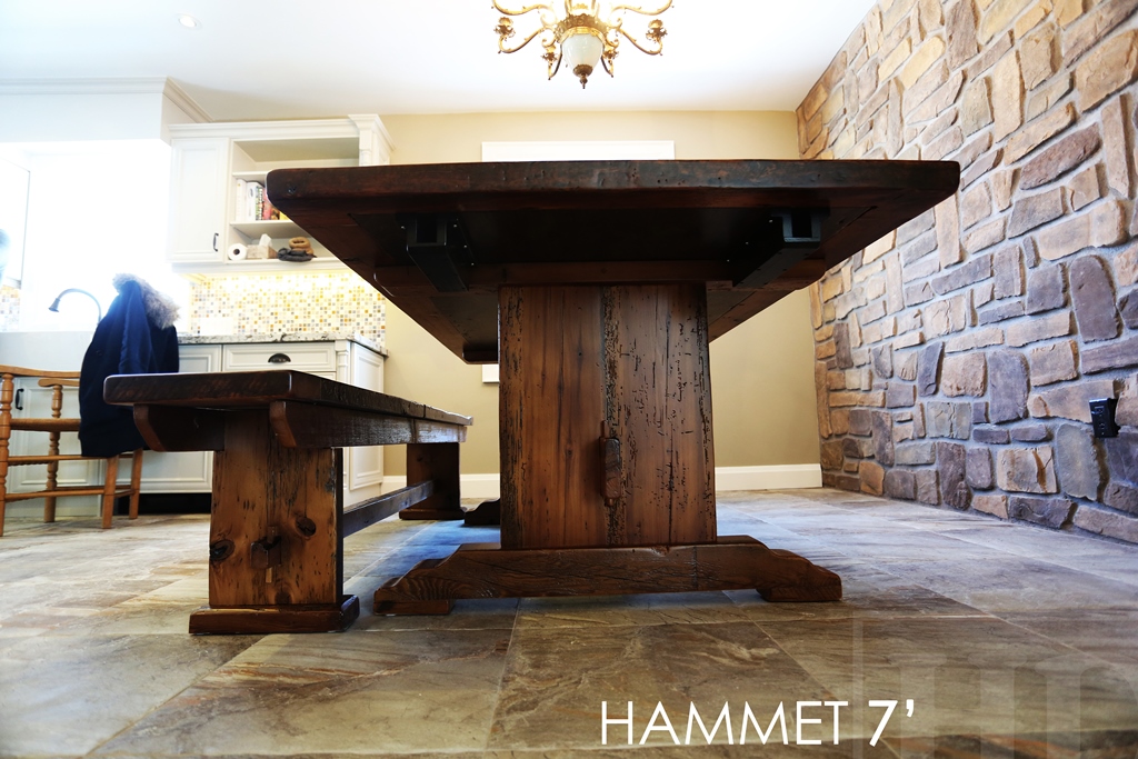 Details: 7' Trestle Table - 42" wide - Curved feet profile - Premium epoxy/matte polyurethane finish - Reclaimed Hemlock Threshing Floor - 7' [matching] trestle style bench