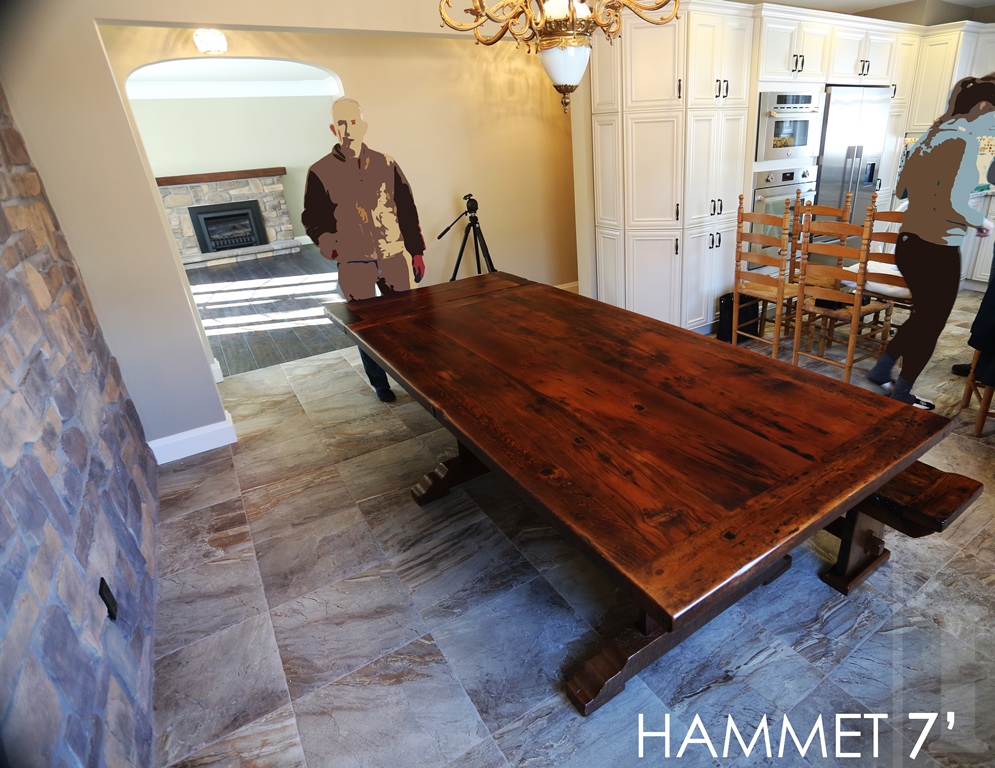 Details: 7' Trestle Table - 42" wide - Curved feet profile - Premium epoxy/matte polyurethane finish - Reclaimed Hemlock Threshing Floor - 7' [matching] trestle style bench