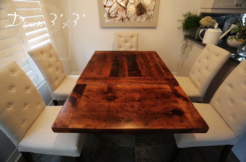 Specifications: 36" x 36" Pedestal Table - Reclaimed Barnwood Hemlock - Premium epoxy/matte polyurethane finish - Hand-hewn beam post - One 18" leaf