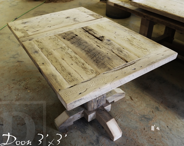Specifications: 36" x 36" Pedestal Table - Reclaimed Barnwood Hemlock - Premium epoxy/matte polyurethane finish - Hand-hewn beam post - One 18" leaf