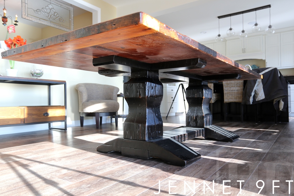 9 ft Hand-Hewn Pedestals Table - 42" wide - Reclaimed Pine Threshing Floor - Customized profile on base - Black with sandthroughs base - Premium epoxy/matte polyurethane finish