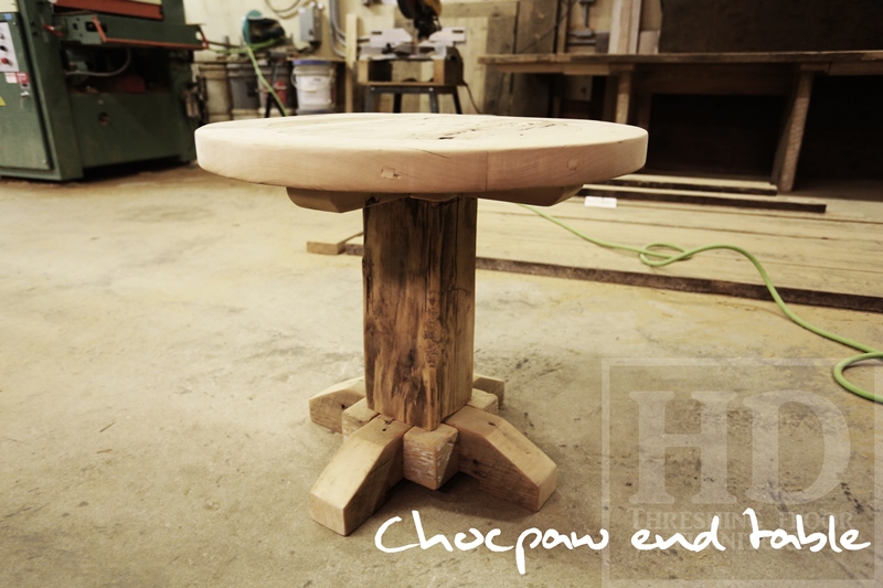 25" Round End Table - 22" height - Hand-Hewn Beam Post - Reclaimed Threshing Floor Hemlock 2" Top - Premium epoxy/matte polyurethane finish 