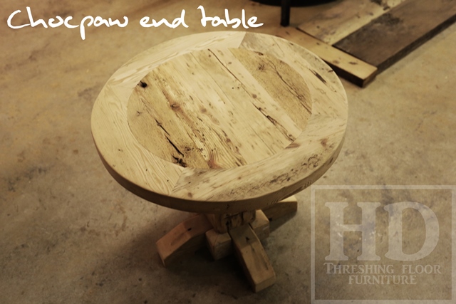 25" Round End Table - 22" height - Hand-Hewn Beam Post - Reclaimed Threshing Floor Hemlock 2" Top - Premium epoxy/matte polyurethane finish 