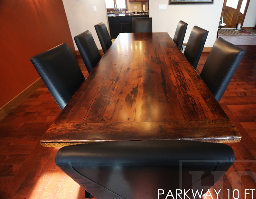 10 foot Harvest Table - 42" wide - Reclaimed Hemlock - Premium epoxy/matte polyurethane finish - Black skirting and Legs - Cabriole style legs - 8 Black topgrain leather chairs
