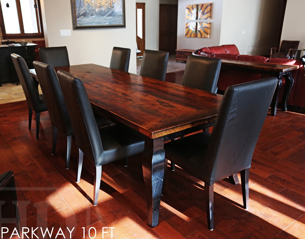 10 foot Harvest Table - 42" wide - Reclaimed Hemlock - Premium epoxy/matte polyurethane finish - Black skirting and Legs - Cabriole style legs - 8 Black topgrain leather chairs