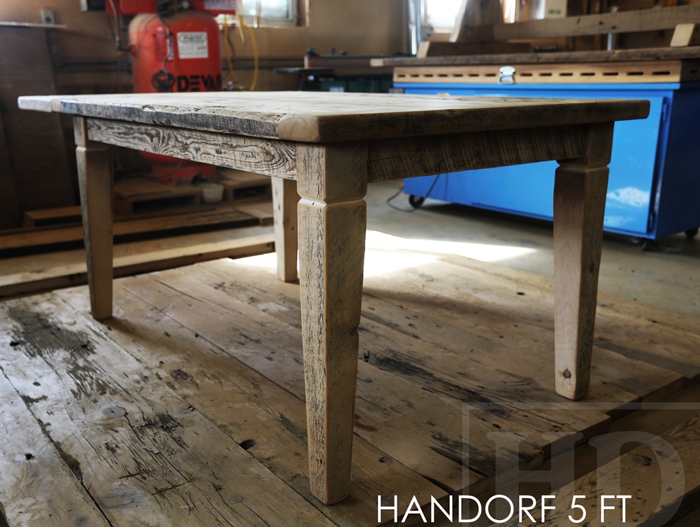Details: 5 foot Harvest Table - 38" wide - Tapered with a Notch Legs - Reclaimed Hemlock - One 18" leaf - Premium epoxy/matte polyurethane finish 4 Arm Plank Chairs - wormy maple - seat stained dominant tone of table top - black with sandthroughs frame - seat stained dominant tone of table top - polyurethane clear-coat finish