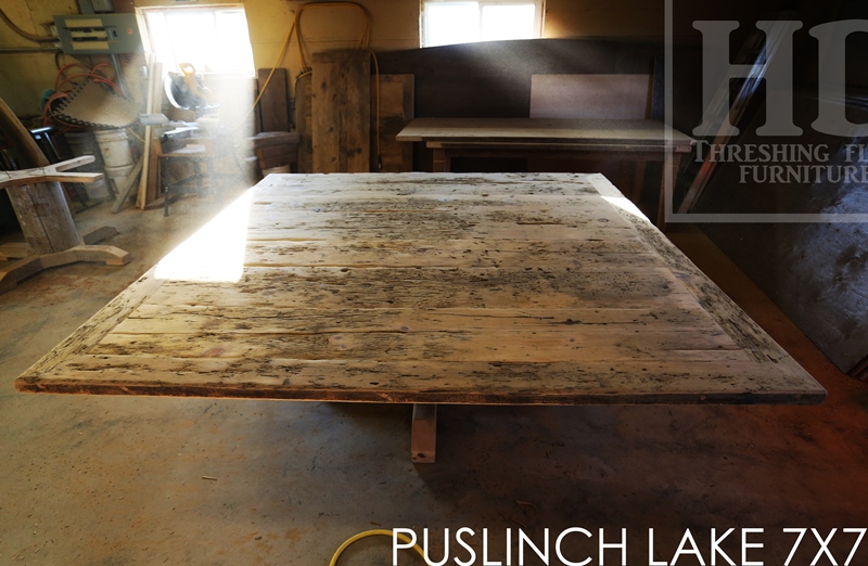 7 ft x 7 ft Pedestal Table - Hand-Hewn Beam Post - mitred corners - Reclaimed Threshing Floor Pine - Premium epoxy/matte polyurethane finish - two [matching] 7 ft trestle style benches 
