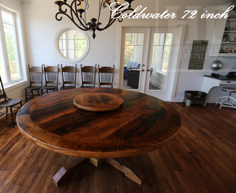 72" Round Pedestal Table - (lighter) epoxy and matte polyurethane finish - Reclaimed Hemlock - Hand-Hewn Beam Post - [matching] 24" Round Lazy Susan