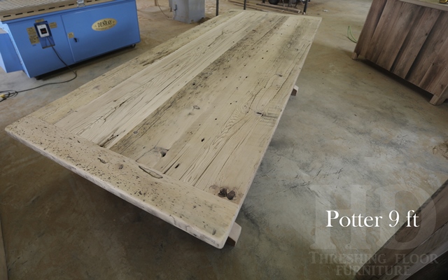 9 ft Trestle Table - 42" wide - Reclaimed Threshing Floor Hemlock - Premium epoxy/matte polyurethane finish