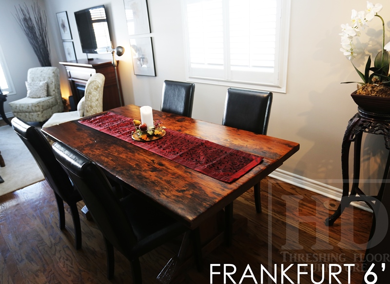 Details: 6 ft Sawbuck Table - 37" wide - no bread-edge ends - skirting underneath - leaf boards parallel with table boards - Lighter epoxy coating/matte polyurethane finish - drawer on side - two 18" leaves - Reclaimed Hemlock Threshing Floor board construction 