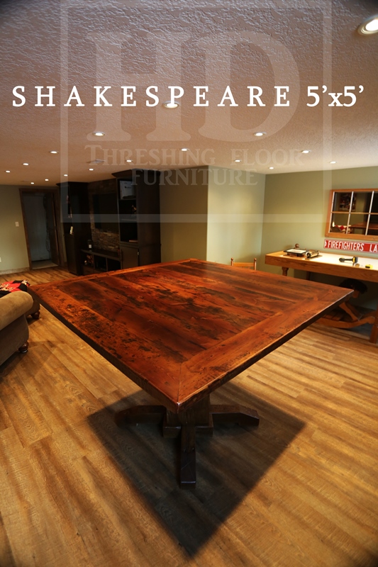 5 ft by 5 ft Pedestal Table - reclaimed hand-hewn beam post - Reclaimed Hemlock Thre- Premium epoxy/matte polyurethane finish 