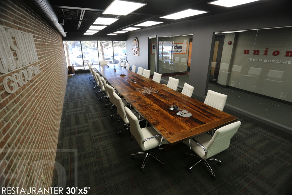 30 ft Boardroom Table - 60" wide - modern plank style base - Premium epoxy/matte polyurethane finish - logos embedded - onsite final doweling