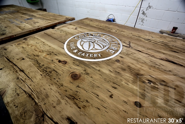30 ft Boardroom Table - 60" wide - modern plank style base - Premium epoxy/matte polyurethane finish - logos embedded - onsite final doweling