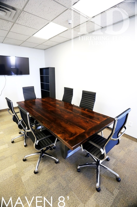 8 ft Boardroom Table - Stainless Steel U Shaped Metal Base - 44" wide - Premium epoxy/matte polyurethane finish - Reclaimed Threshing Floor Hemlock