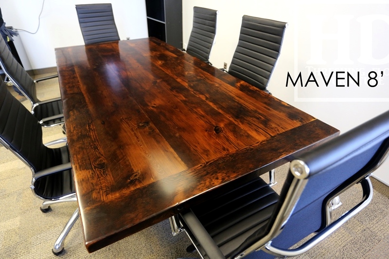 8 ft Boardroom Table - Stainless Steel U Shaped Metal Base - 44" wide - Premium epoxy/matte polyurethane finish - Reclaimed Threshing Floor Hemlock