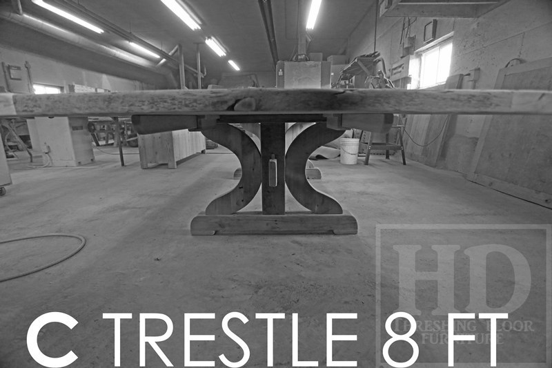 Specifications: 8 ft 'C' Trestle - 48" wide - Premium epoxy/matte polyurethane finish - Reclaimed Hemlock Thresing Floor 2" thick top - Two 24" leaf extensions