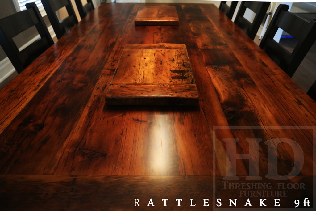 Details of Table: 9 ft Double Hand-Hewn Beam Pedestal Table - 57" wide - Premium epoxy/matte polyurethane finish - Reclaimed Hemlock Threshing Floor 2" top - Two 15" x 24" Trays 