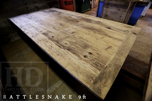 Details of Table: 9 ft Double Hand-Hewn Beam Pedestal Table - 57" wide - Premium epoxy/matte polyurethane finish - Reclaimed Hemlock Threshing Floor 2" top - Two 15" x 24" Trays 