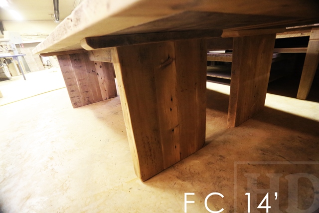 Details of table: 14 ft Long - 2 parts - Reclaimed Threshing Floor Pine - Premium epoxy/high gloss polyurethane finish - 3" posts style base