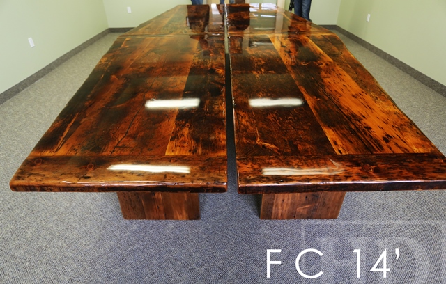 Details of table: 14 ft Long - 2 parts - Reclaimed Threshing Floor Pine - Premium epoxy/high gloss polyurethane finish - 3" posts style base