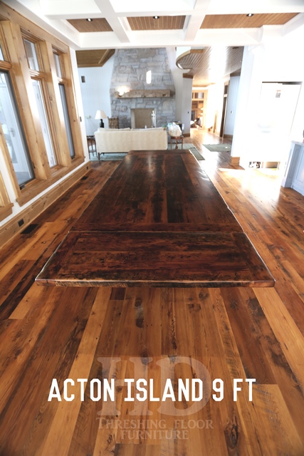 Details of table: 110" Reclaimed Wood Trestle Table - 45" wide - Reclaimed Threshing Floor Hemlock species - Premium epoxy & matte polyurethane finish - with two 18" leaves