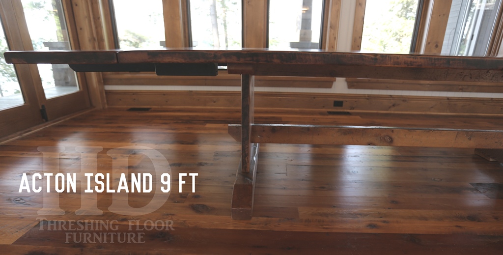 Details of table: 110" Reclaimed Wood Trestle Table - 45" wide - Reclaimed Threshing Floor Hemlock species - Premium epoxy & matte polyurethane finish - with two 18" leaves
