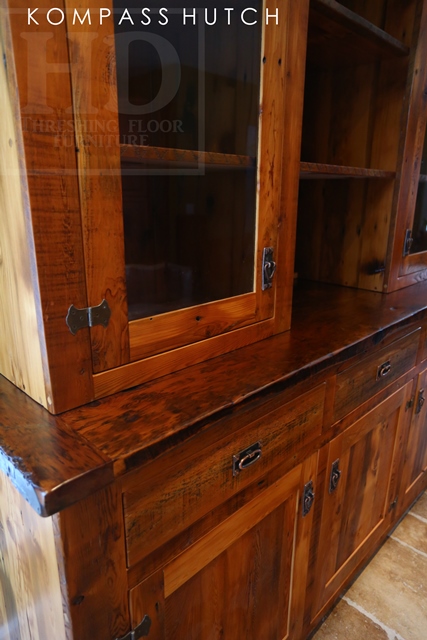 84" Wide Reclaimed Wood Hutch - 7'10" Height - 42" height base - 52" height top - 3 doors / 2 glass doors - shelving - 3 drawers - Grainery board 1" constructions - 2" threshing floor top - Premium epoxy/matte polyurethane finish