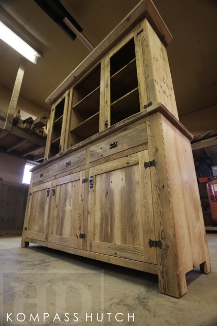 84" Wide Reclaimed Wood Hutch - 7'10" Height - 42" height base - 52" height top - 3 doors / 2 glass doors - shelving - 3 drawers - Grainery board 1" constructions - 2" threshing floor top - Premium epoxy/matte polyurethane finish
