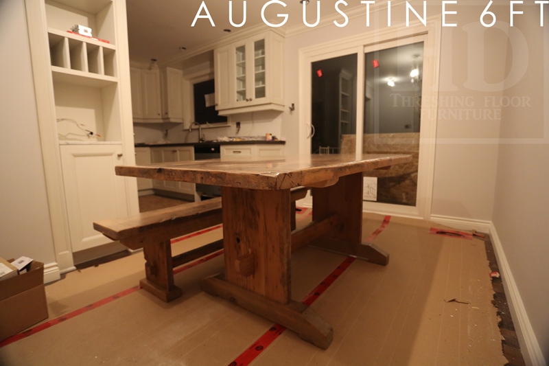 Details of table: 6 ft Trestle Table - 36" wide - Reclaimed Hemlock - Greytone Treatment - Premium epoxy/matte polyurethane finish - 6 ft (matching) trestle style bench