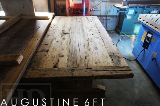 Details of table: 6 ft Trestle Table - 36" wide - Reclaimed Hemlock - Greytone Treatment - Premium epoxy/matte polyurethane finish - 6 ft (matching) trestle style bench