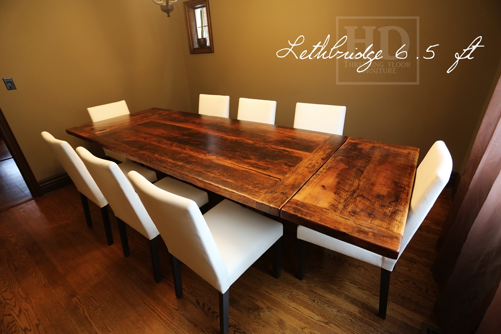 Details of order: 6.5' Trestle Table - 42" wide - Reclaimed Threshing Floor Hemlock - Premium epoxy + matte polyurethane finish - two 18" leaves [making total length 9.6 ft when extended]