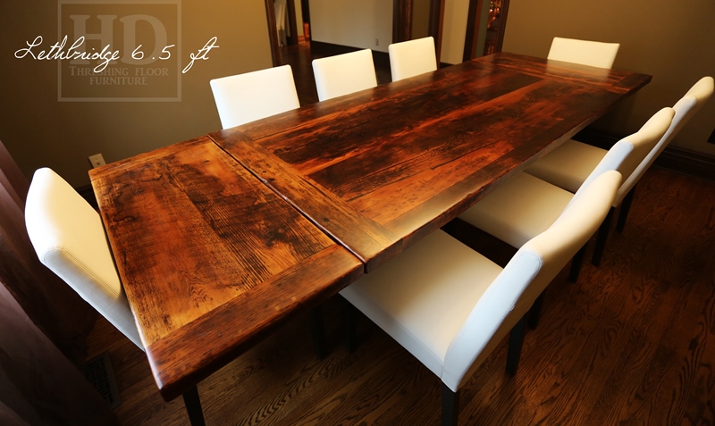 Details of order: 6.5' Trestle Table - 42" wide - Reclaimed Threshing Floor Hemlock - Premium epoxy + matte polyurethane finish - two 18" leaves [making total length 9.6 ft when extended]