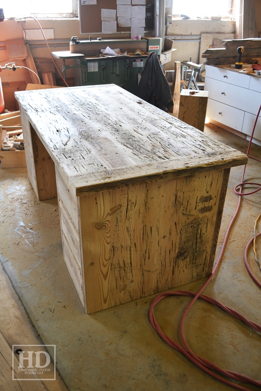 Desk Details: 6 ft Threshing Floor Walls Desk [ref: Hemingway] â€“ 36â€ deep â€“ 5 drawers â€“ Premium epoxy/matte polyurethane finish â€“ Reclaimed Wood Hemlock