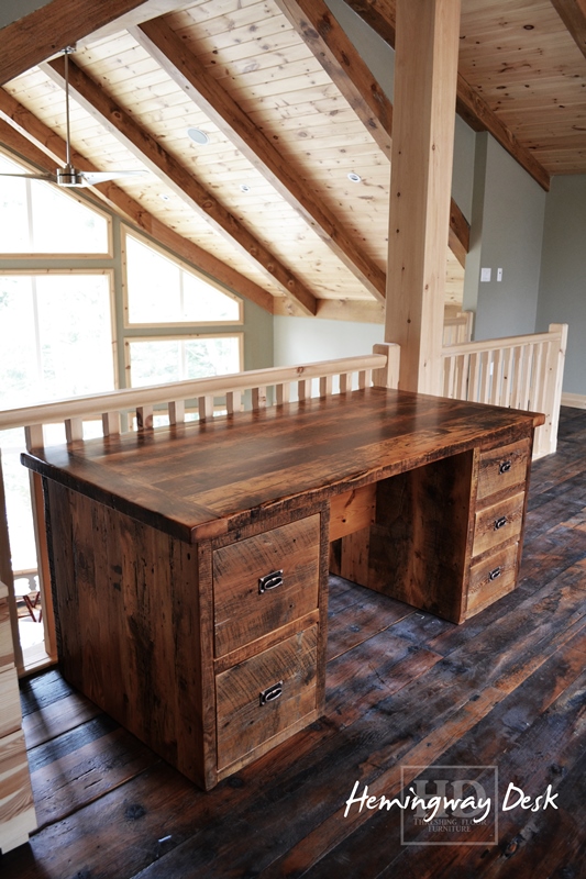 Desk Details: 6 ft Threshing Floor Walls Desk [ref: Hemingway] â€“ 36â€ deep â€“ 5 drawers â€“ Premium epoxy/matte polyurethane finish â€“ Reclaimed Wood Hemlock 