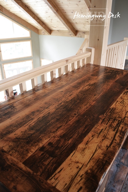 Desk Details: 6 ft Threshing Floor Walls Desk [ref: Hemingway] â€“ 36â€ deep â€“ 5 drawers â€“ Premium epoxy/matte polyurethane finish â€“ Reclaimed Wood Hemlock