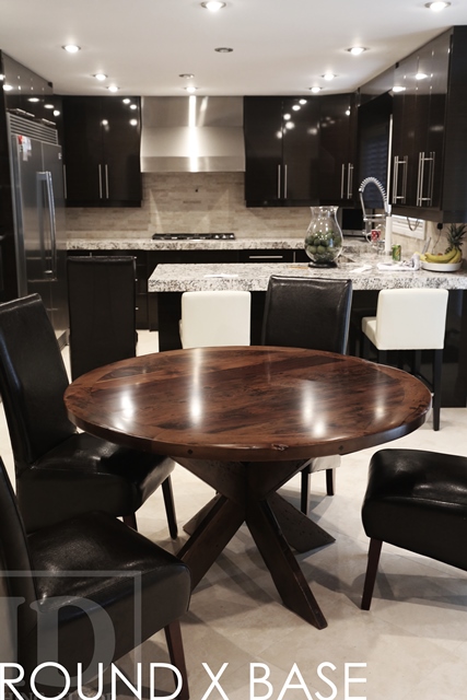 Details: 54" Round Pedestal Table - X style base - Reclaimed Threshing Floor Hemlock - Premium epoxy/matte polyurethane finish