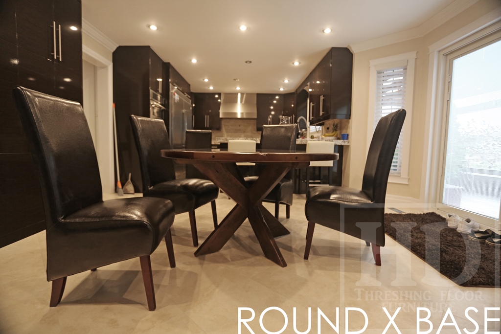 Details: 54" Round Pedestal Table - X style base - Reclaimed Threshing Floor Hemlock - Premium epoxy/matte polyurethane finish