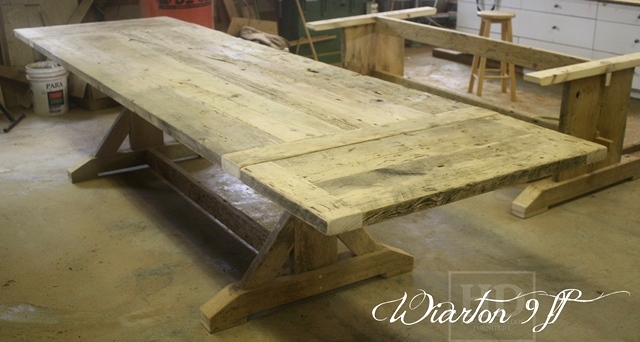 Details of job: 9 ft Sawbuck Table - 42" wide - Premium epoxy/matte polyurethane finish - Reclaimed Threshing Floor Hemlock - Two 18 inch end leaves - Two 42 inch benches 