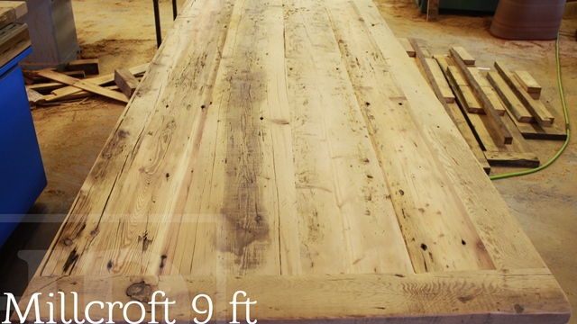 Shown here: 9 foot Harvest Table - 45" wide - Reclaimed Hemlock Threshing Floor - Premium epoxy/matte polyurethane finish - 92" (matching) bench