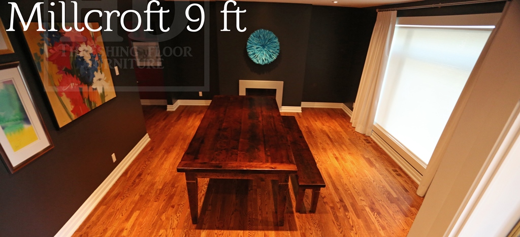 Specifications: 9 foot Harvest Table - 45" wide - Reclaimed Hemlock Threshing Floor - Premium epoxy/matte polyurethane finish - 92" (matching) bench