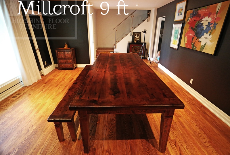Shown here: 9 foot Harvest Table - 45" wide - Reclaimed Hemlock Threshing Floor - Premium epoxy/matte polyurethane finish - 92" (matching) bench