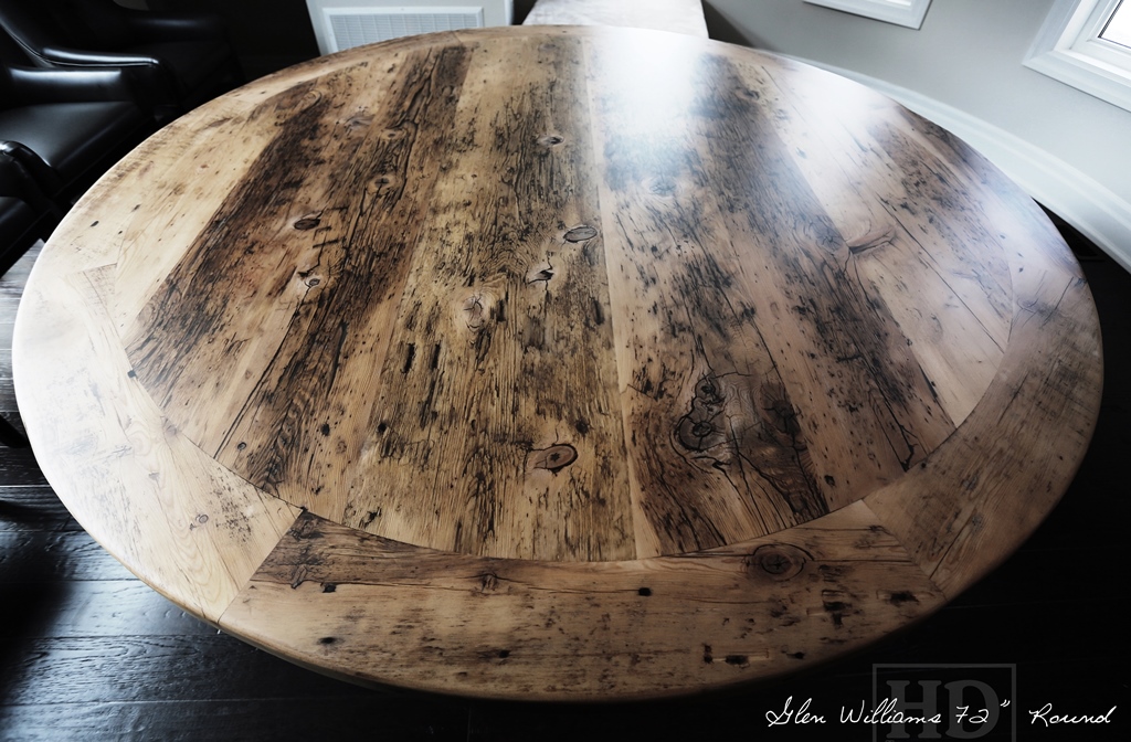 72" Round Pedestal Table - Premium epoxy/matte polyurethane finish - Hand-Hewn Beam Post - Greytone Treatment 
